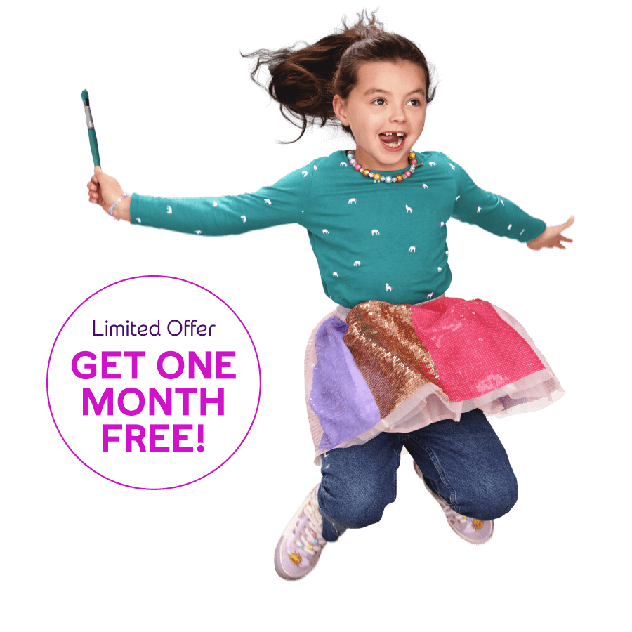 little girl jumping in the air alongside a roundel which reads limited time get one month free!