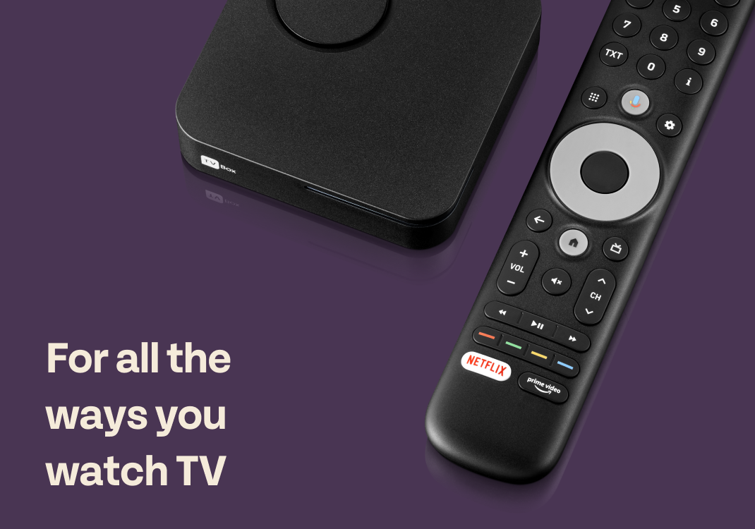 eir android TV box and remote control alongside the words for all the ways you watch tv