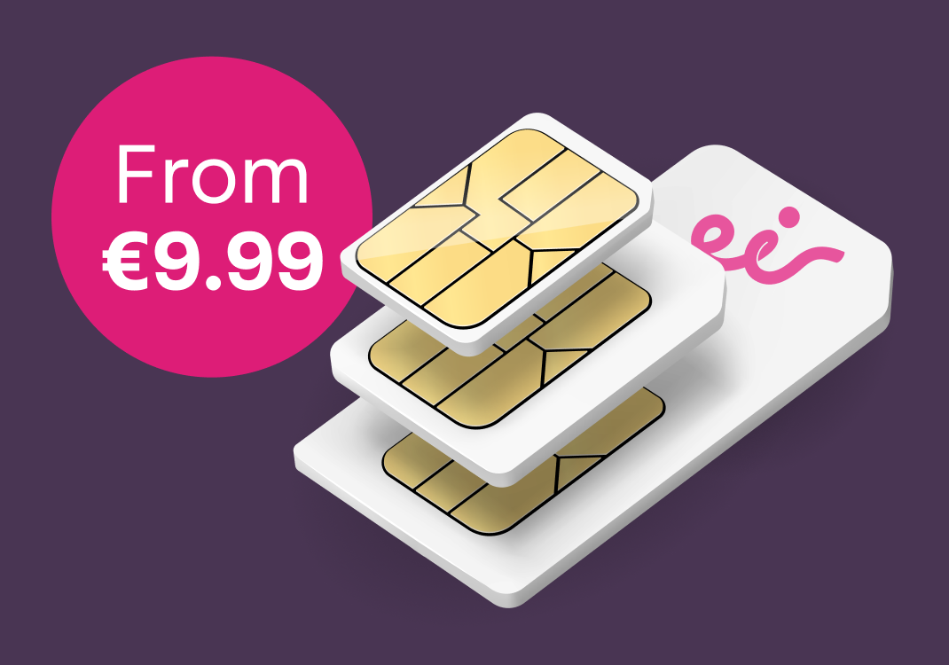 An eir SIM card with two microchips coming out of it alongside a pink roundel with the words From €9.99